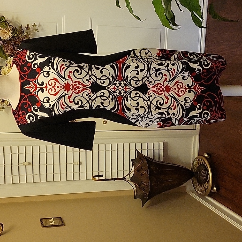 London Times red black white swirl print short slv stretch fitted dress L EUC…